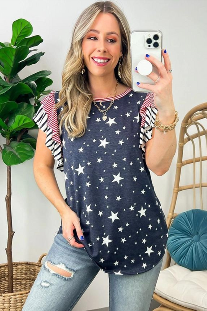 Striped Ruffled Sleeve Star Print T Shirt