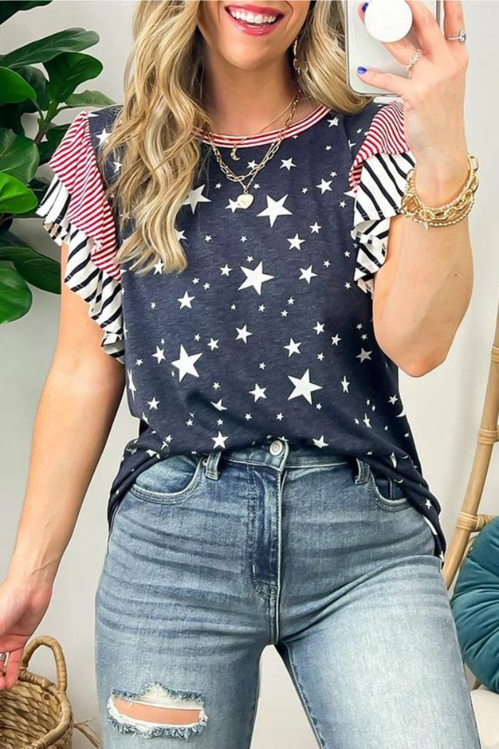 Striped Ruffled Sleeve Star Print T Shirt