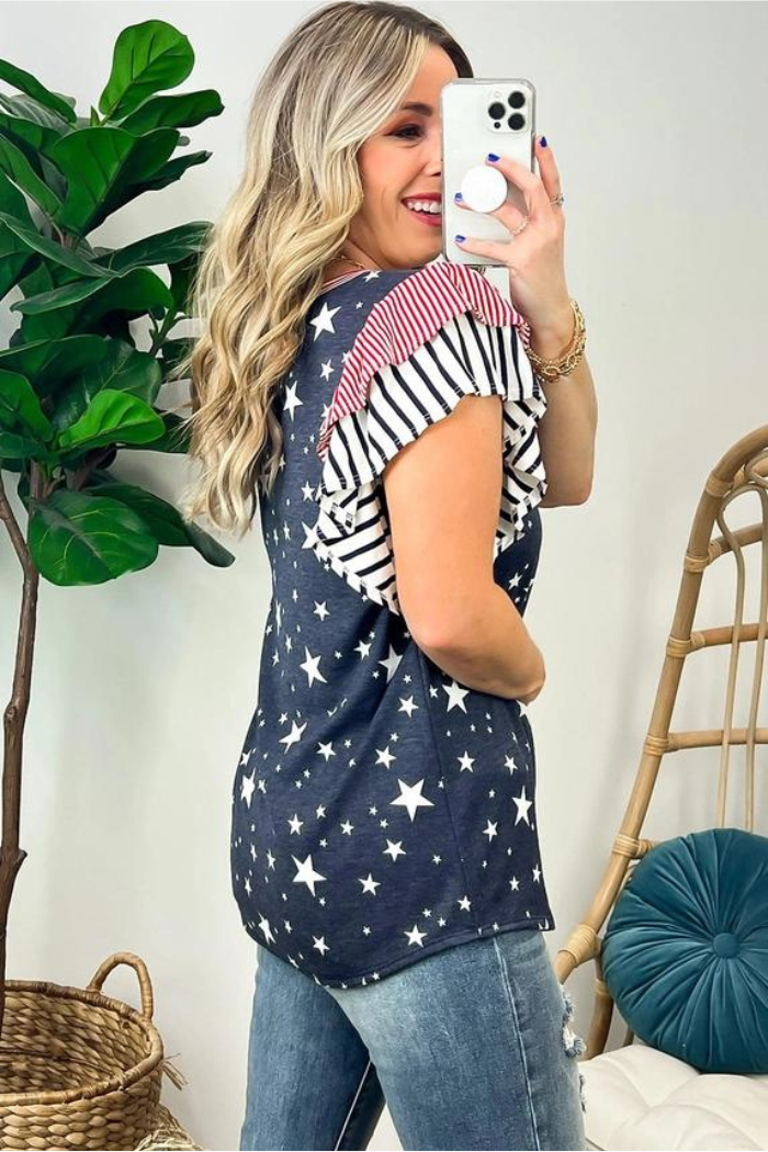 Striped Ruffled Sleeve Star Print T Shirt