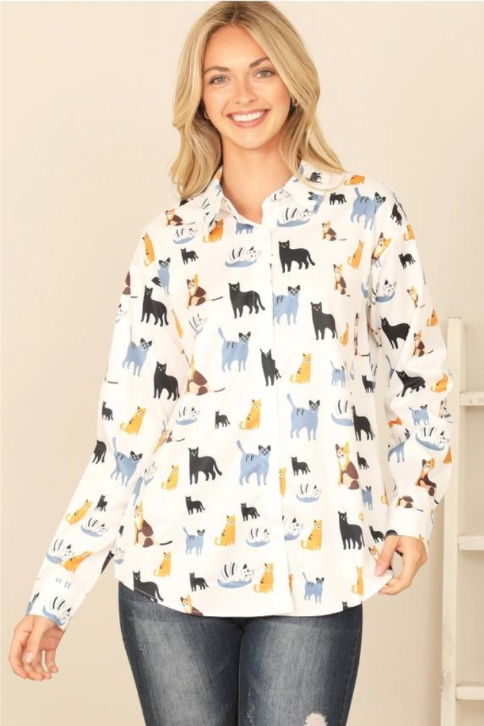 Collared Long Sleeve Cat Print Top