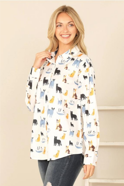 Collared Long Sleeve Cat Print Top
