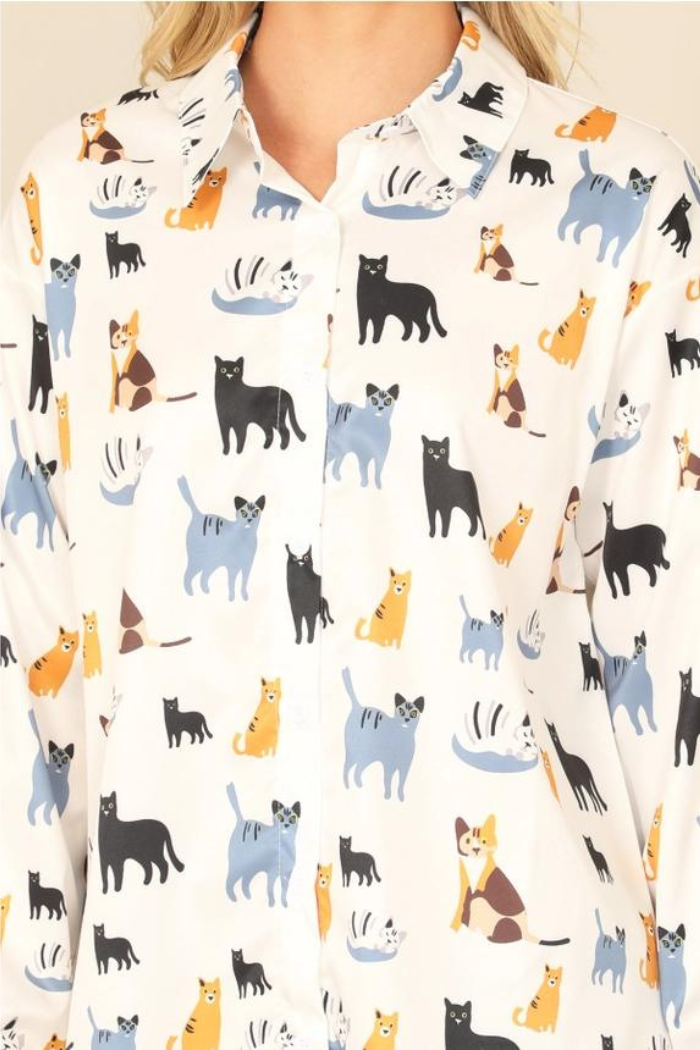 Collared Long Sleeve Cat Print Top