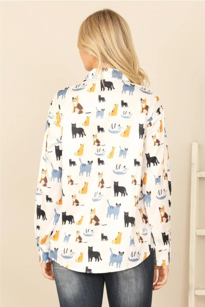 Collared Long Sleeve Cat Print Top