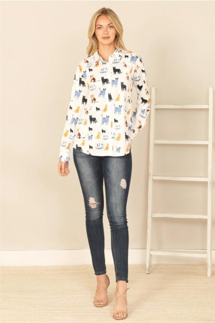 Collared Long Sleeve Cat Print Top