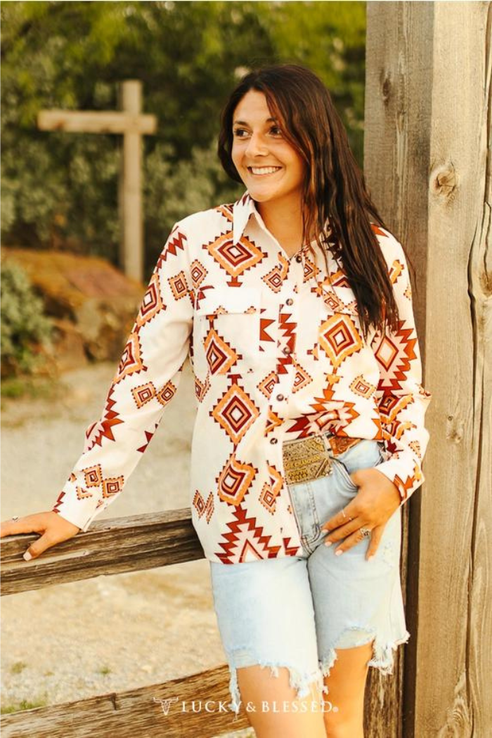 Cream Aztec Button Down Long Sleeve Top