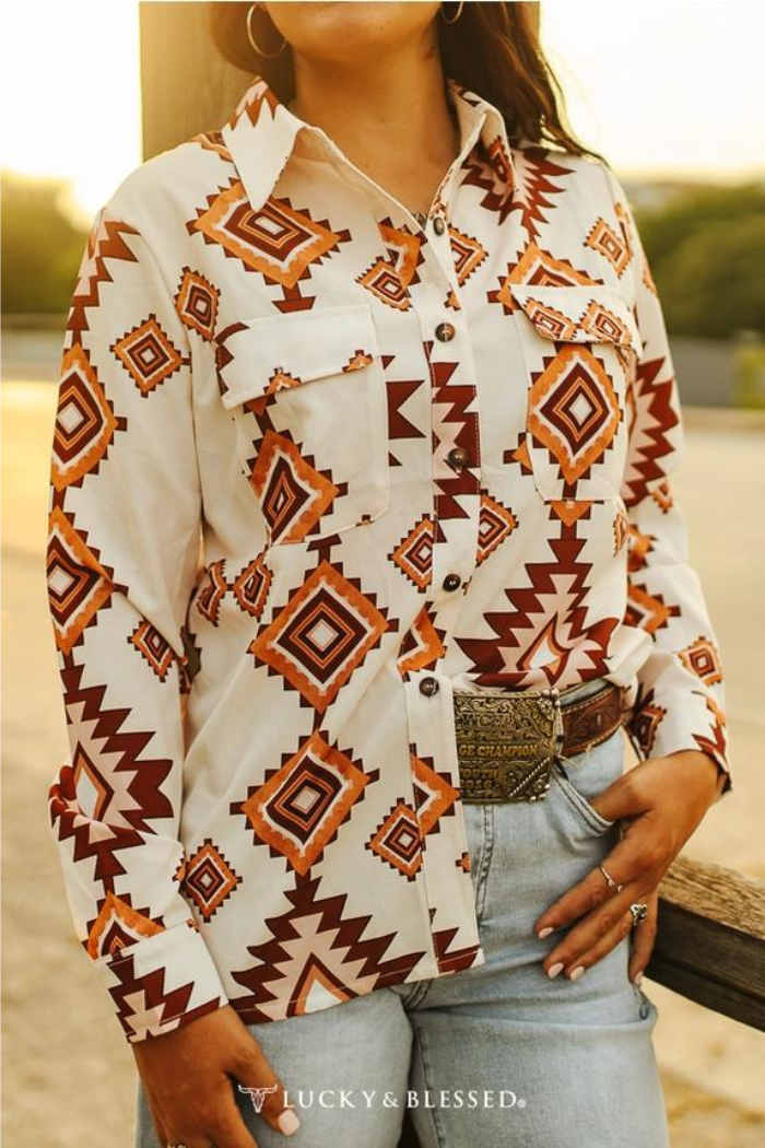 Cream Aztec Button Down Long Sleeve Top