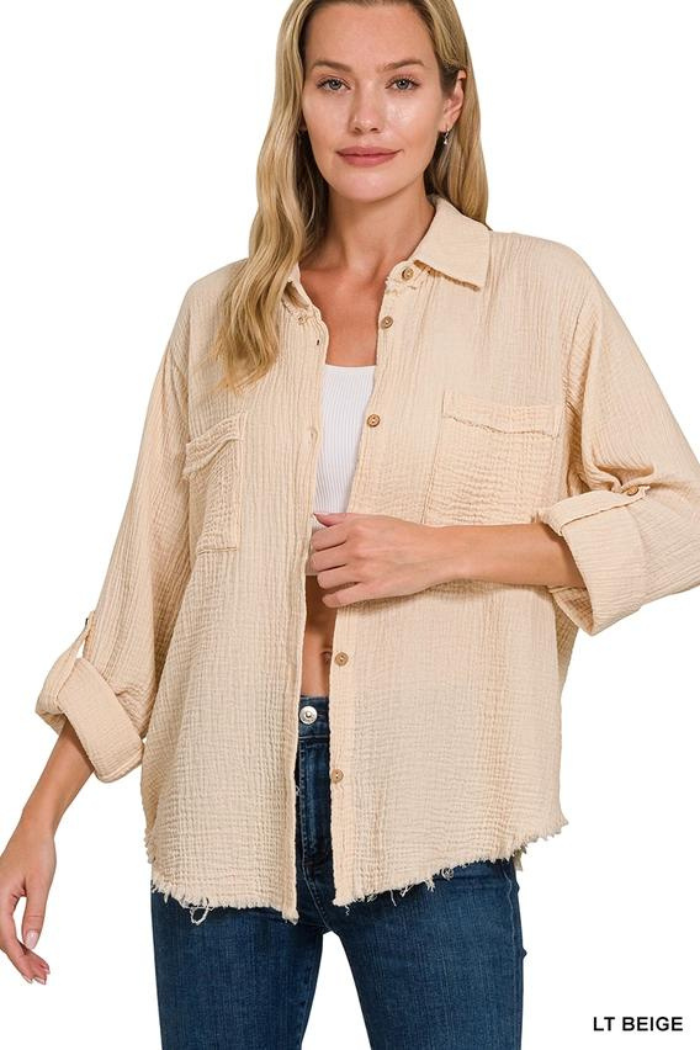 Double Gauze Button Down Roll-Up Long Sleeve Shirt