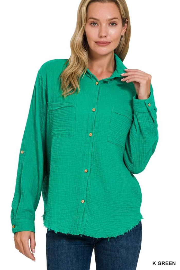 Double Gauze Button Down Roll-Up Long Sleeve Shirt