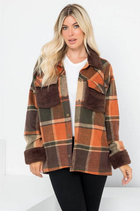 Plaid Wool-Like Shacket with Sherpa Contrast