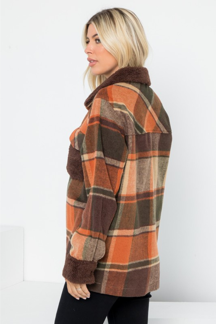Plaid Wool-Like Shacket with Sherpa Contrast