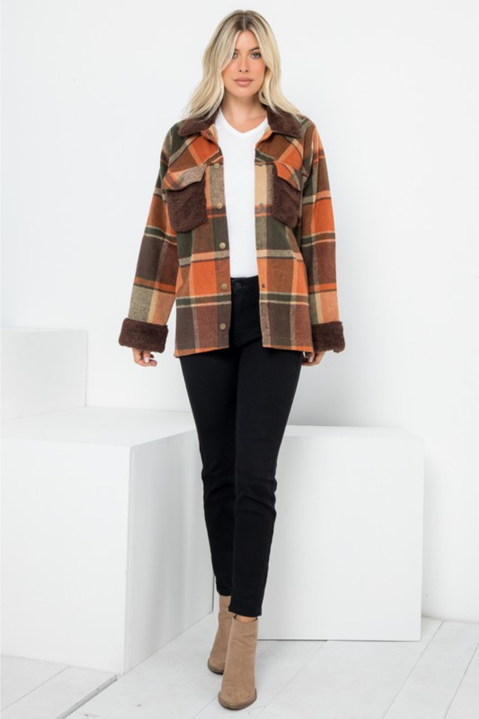 Plaid Wool-Like Shacket with Sherpa Contrast