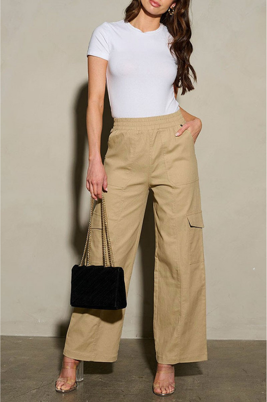 Elastic Waist Cargo Pockets Wide Leg Pants