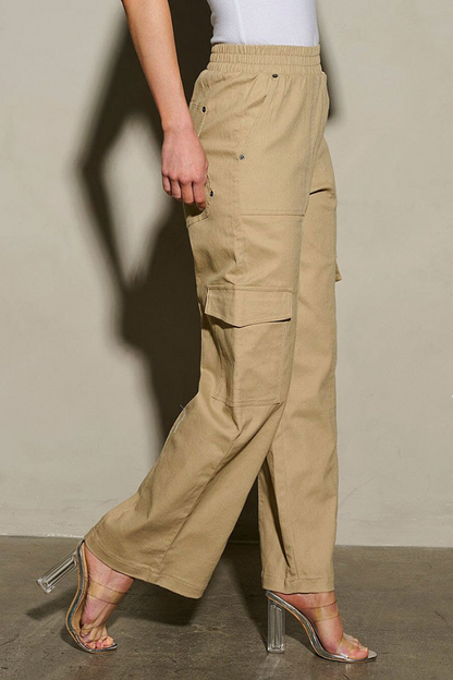 Elastic Waist Cargo Pockets Wide Leg Pants