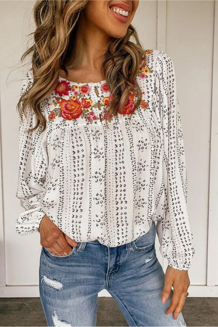 Long Sleeve Embroidered Print Blouse