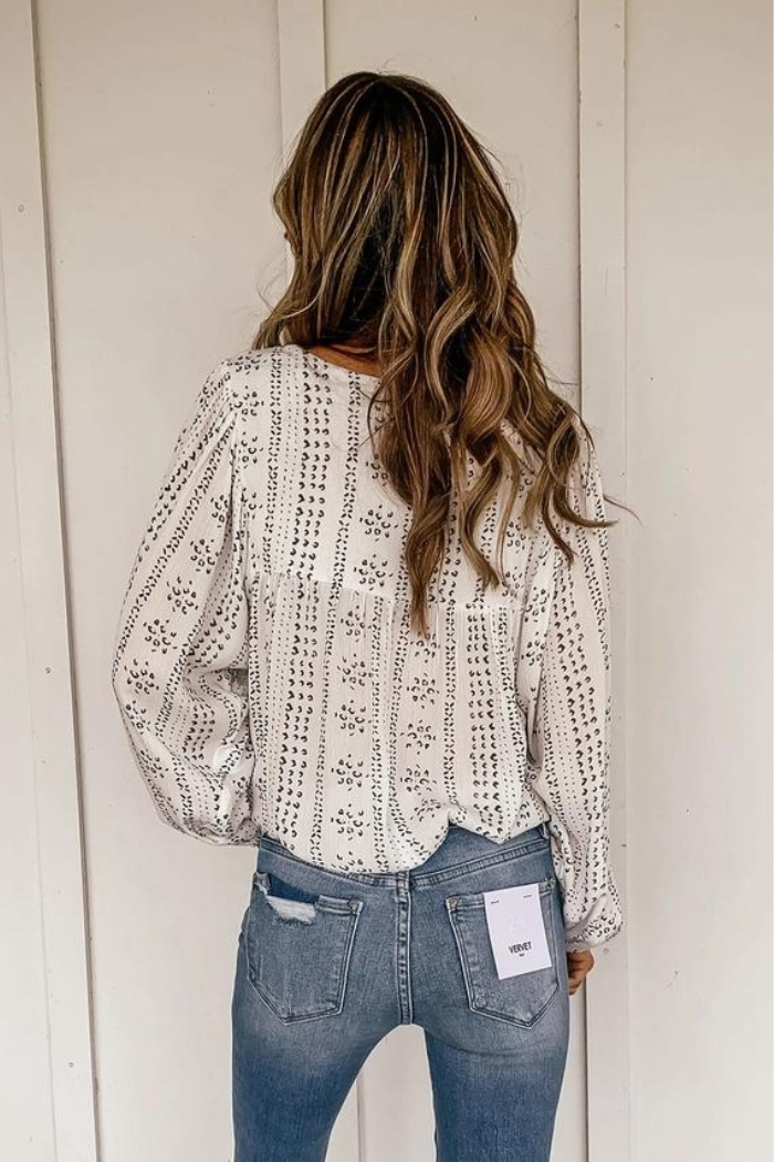 Long Sleeve Embroidered Print Blouse