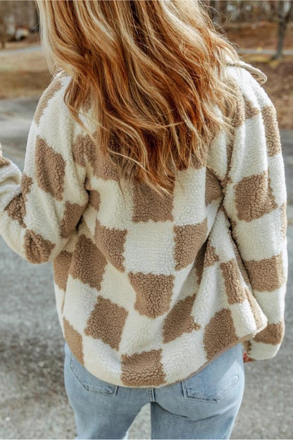 Light Brown Checked Snap Button Sherpa Jacket