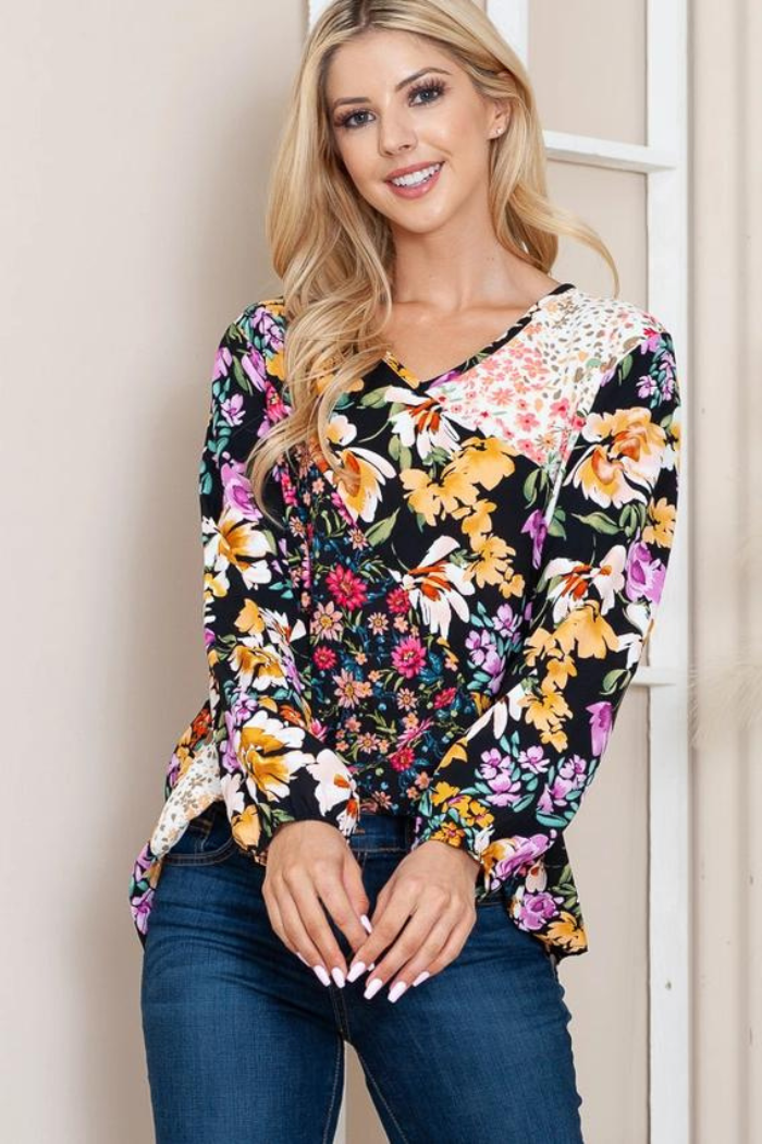 Floral Print V-Neck Long Sleeve