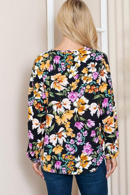 Plus Floral Print V-Neck Long Sleeve