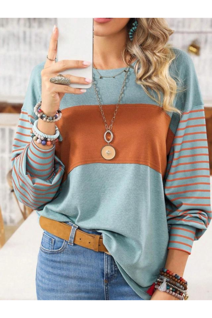 Round Neck Casual Striped Contrast Long Sleeved T-Shirt