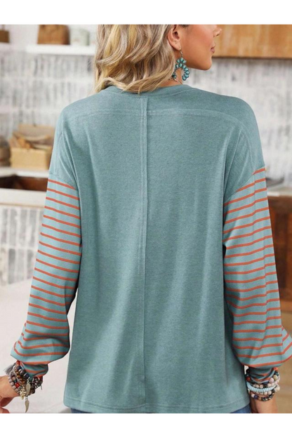 Round Neck Casual Striped Contrast Long Sleeved T-Shirt