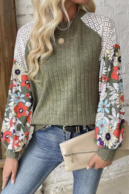 Laurel Green Floral Patchwork Long Sleeve Ribbed Blouse