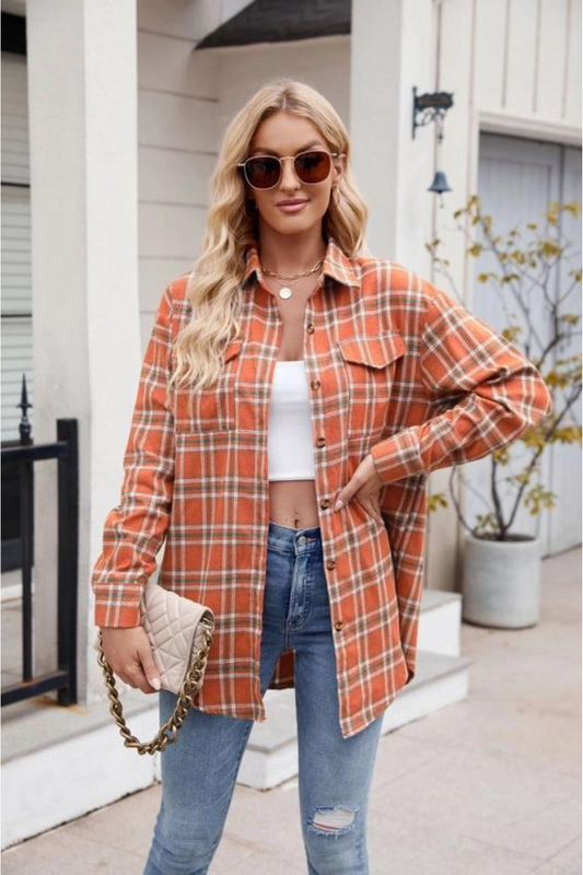 Women's New Casual Fashion Loose Plaid Pocket Shirt