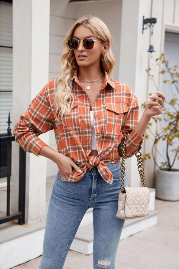 Women's New Casual Fashion Loose Plaid Pocket Shirt