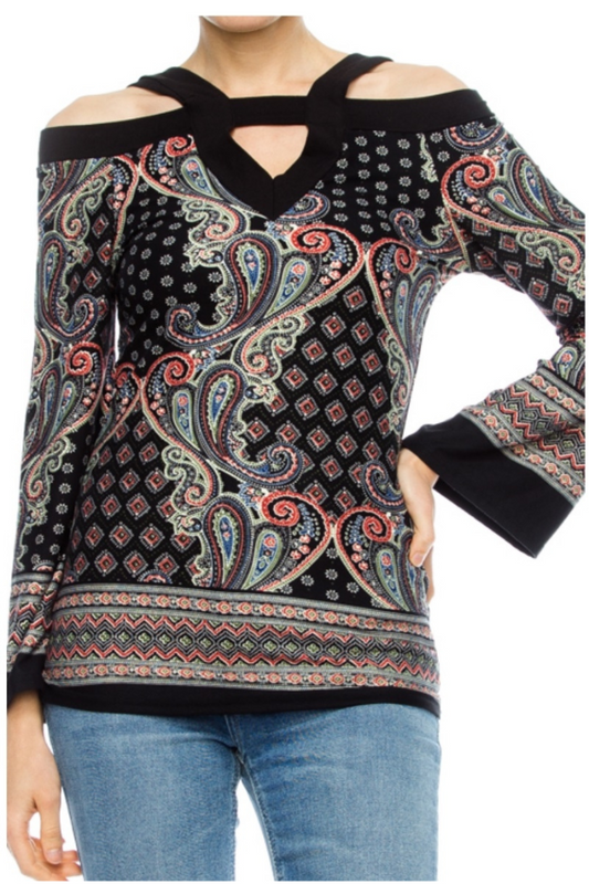 Paisley cold shoulder long sleeve top