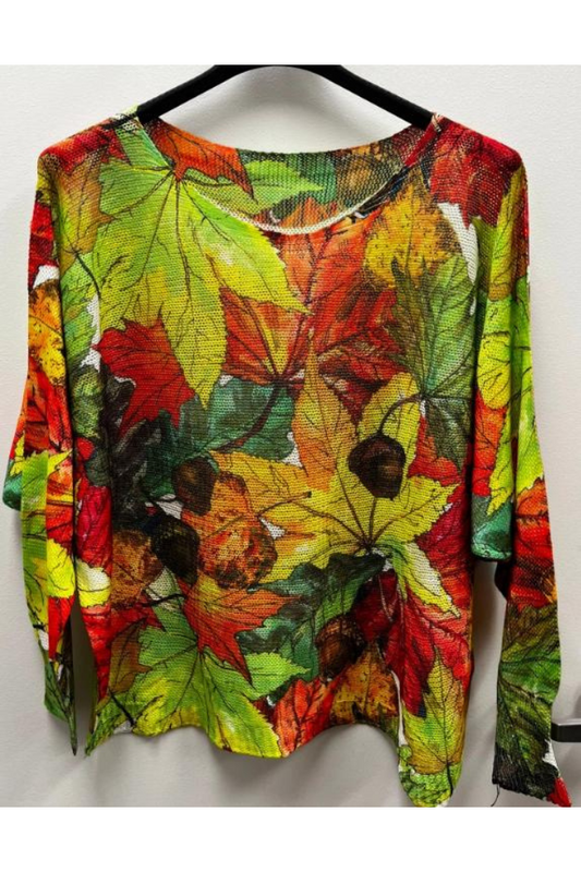 Fall Green Brown Leaves Round Knit Printed Sweater