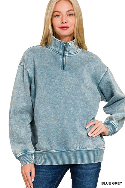 Acid wash fleece half zip pullover