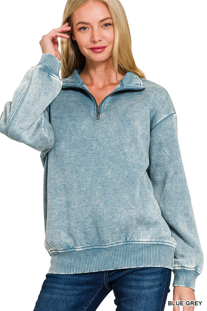 Acid wash fleece half zip pullover