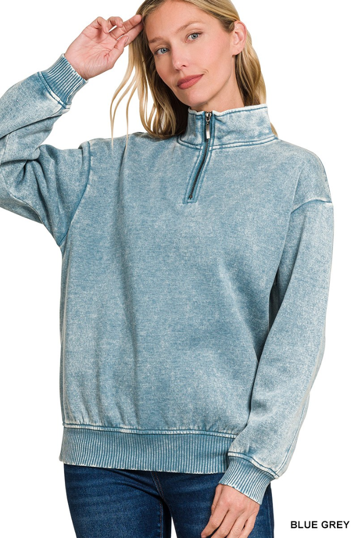 Acid wash fleece half zip pullover