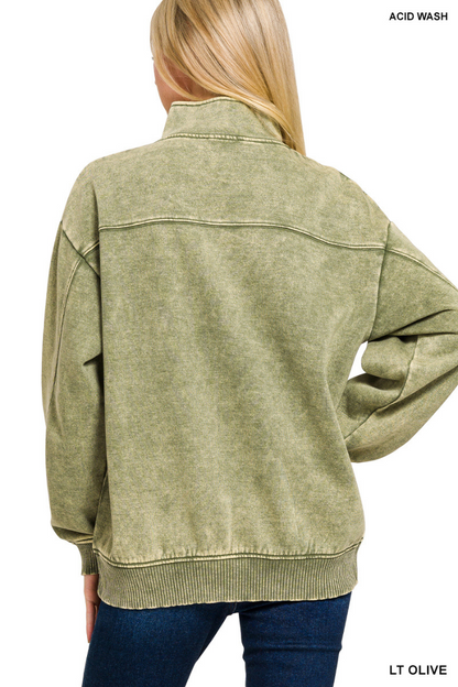 Acid wash fleece half zip pullover