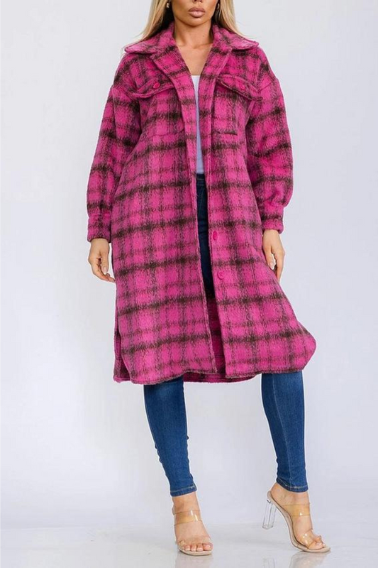 Long Sleeve Button Up Pockets Plaid Coat