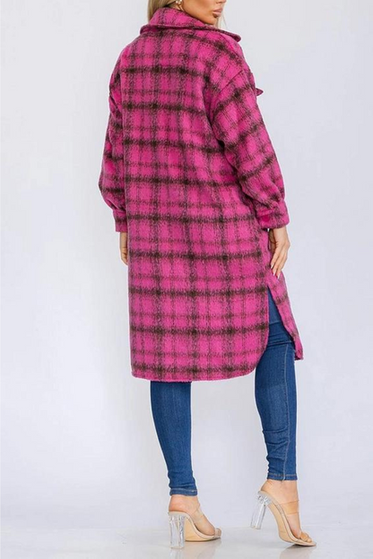 Long Sleeve Button Up Pockets Plaid Coat