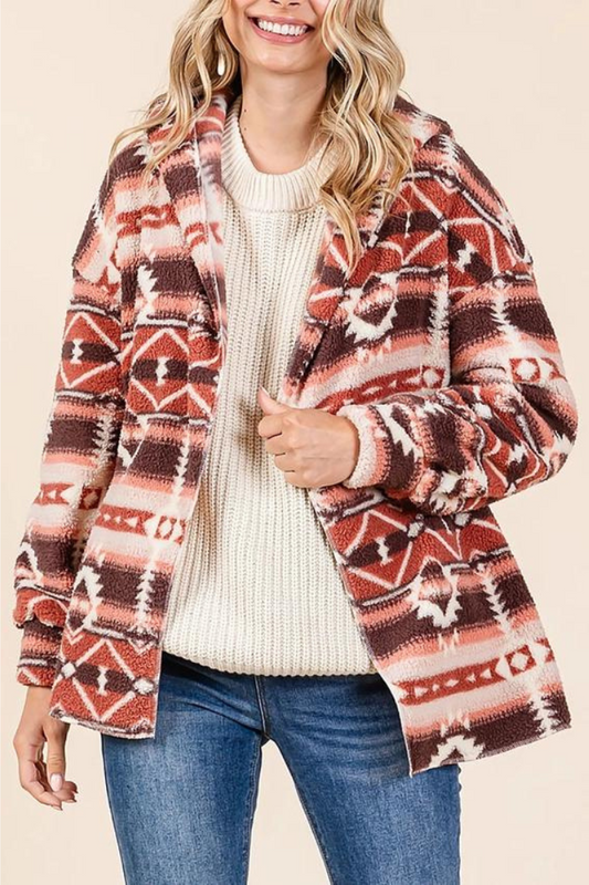 Aztec Tribal Print Hooded Oversize Fleece Jacket