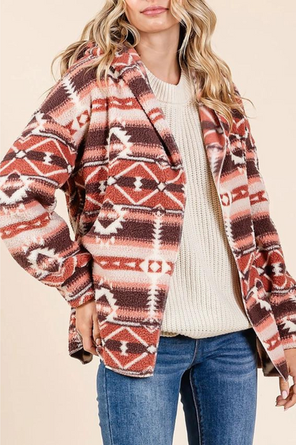 Aztec Tribal Print Hooded Oversize Fleece Jacket