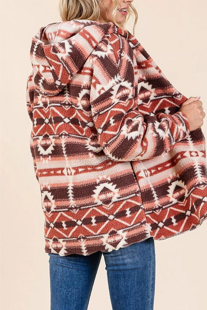 Aztec Tribal Print Hooded Oversize Fleece Jacket