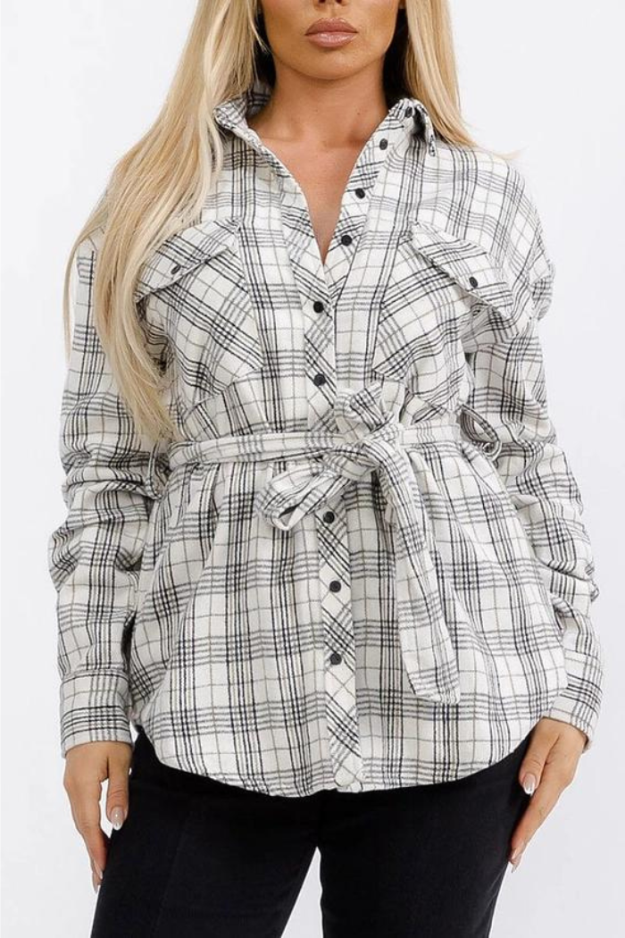 Button Up Self Tie Front Pockets Plaid Top