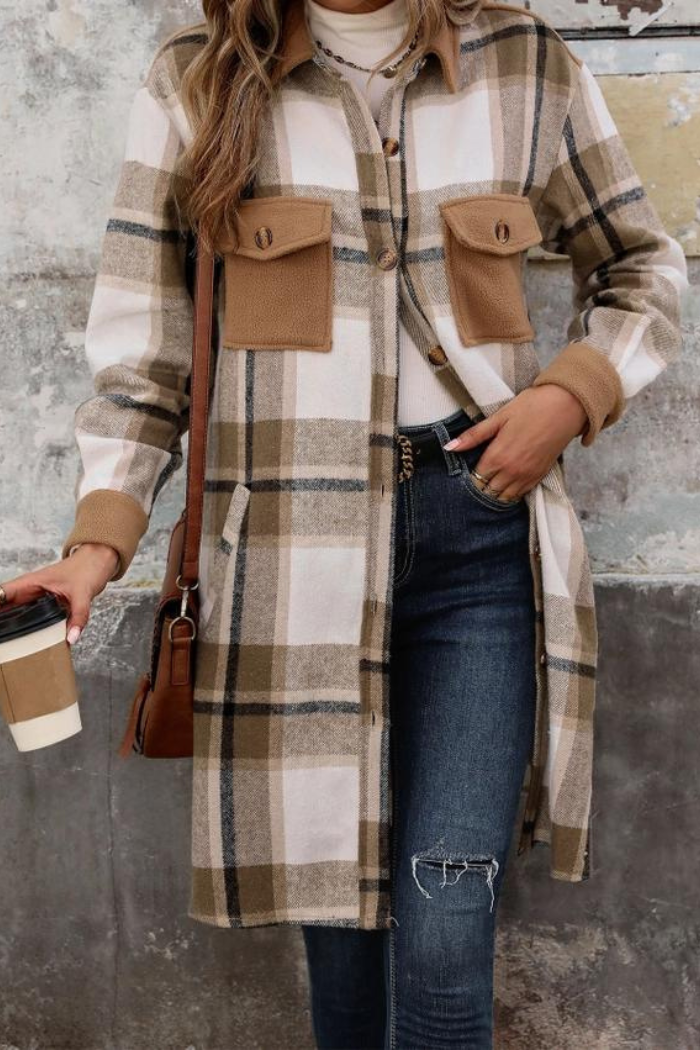 Stylish Button-Checked Color-Blocked Maxi Jacket