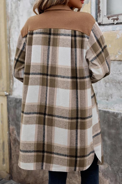 Stylish Button-Checked Color-Blocked Maxi Jacket