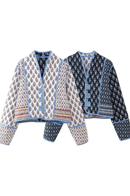 Stylish V-Neck Button Double-Sided Printed Quilted Jacket