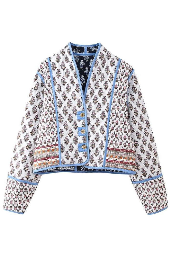 Stylish V-Neck Button Double-Sided Printed Quilted Jacket