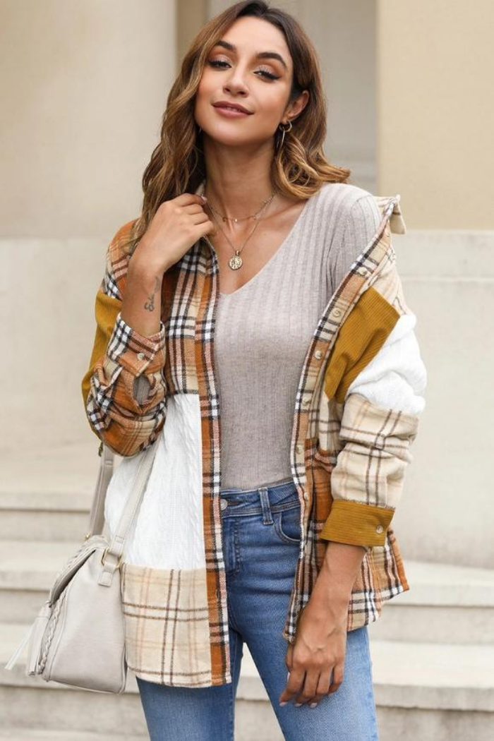 Plaid Color Block Patchwork Shirt Jacket with Pocket