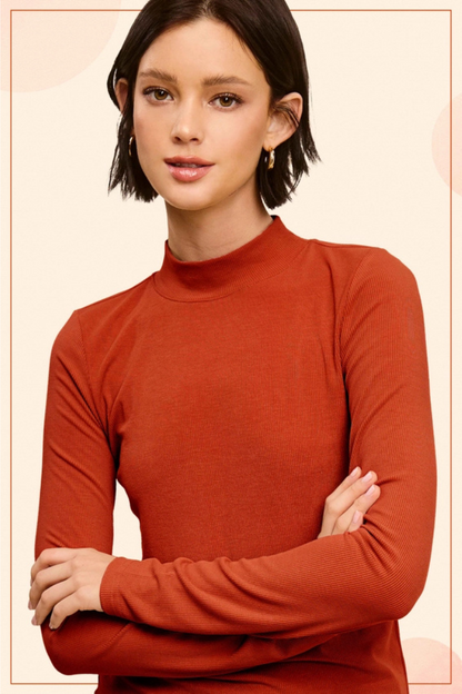 Stretchy Ribbed Long Sleeve Mock Neck Basic Top