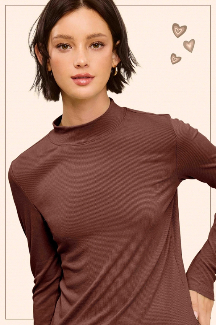 Stretchy Ribbed Long Sleeve Mock Neck Basic Top