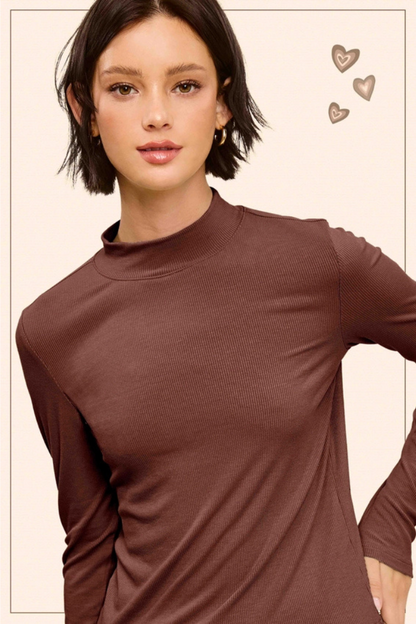 Stretchy Ribbed Long Sleeve Mock Neck Basic Top