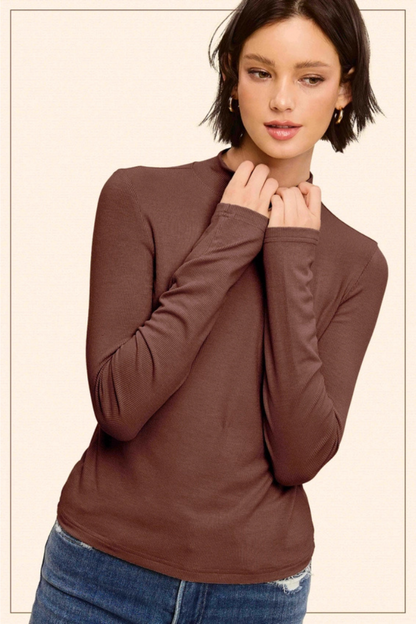 Stretchy Ribbed Long Sleeve Mock Neck Basic Top