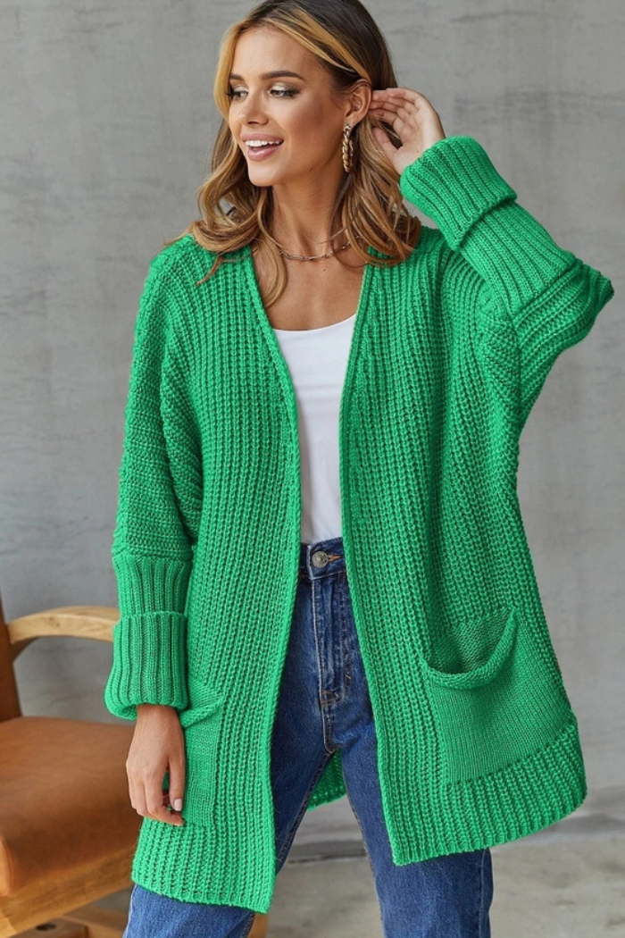 Solid Color Pocket Mid-Length Knitted Cardigan