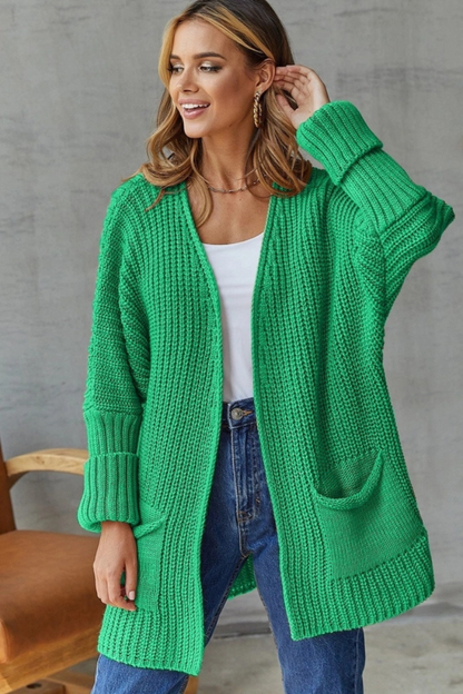 Solid Color Pocket Mid-Length Knitted Cardigan